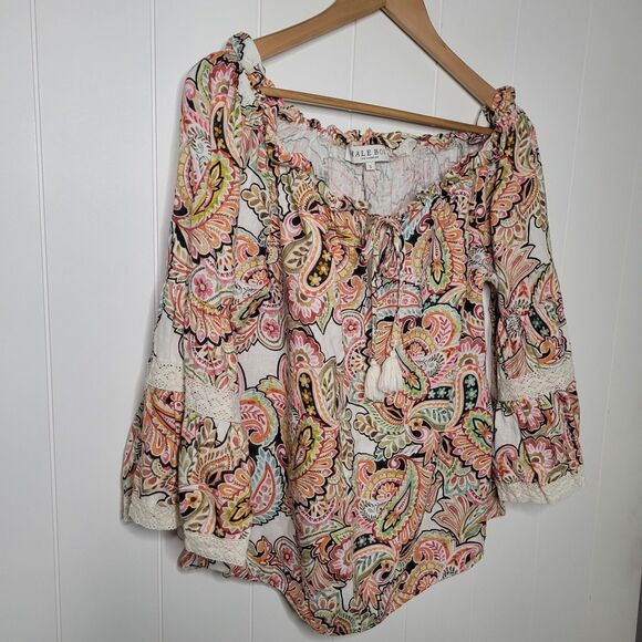 Hale Bob Linen Top Small Paisley Floral Lace Tasseled Tie Neck Boho - Picture 4 of 10